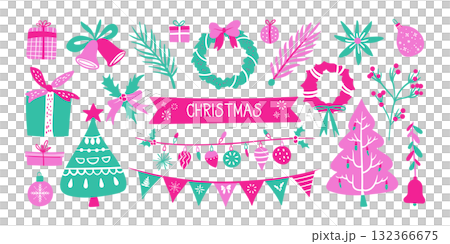 Set of isolated Christmas decoration elements in pink and green for holiday seasonal on transparent background. Set of isolated Christmas decoration elements in pink and green for holiday seasonal on transparent background. 132366675