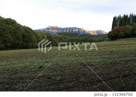 収穫の終わったソバ畑と、紅葉の朝日に染まった、戸隠連峰 収穫の終わったソバ畑と、紅葉の朝日に染まった、戸隠連峰 132366708
