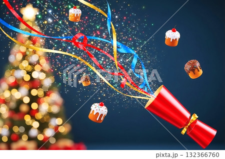 クリスマスツリーとクラッカー 132366760