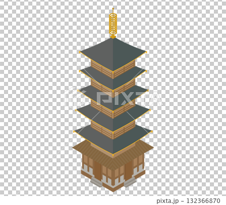 奈良県斑鳩市の法隆寺のアイソメトリックイラスト（世界最古の木造建築・世界遺産） 132366870