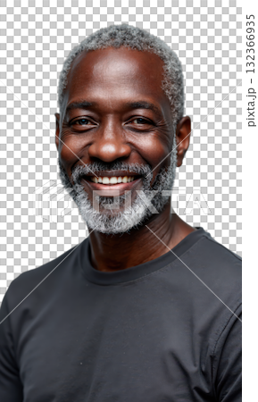 Man Senior Smiling. An older Black man with short, greying hair and a grey beard, wearing a dark grey t-shirt 132366935