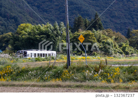 秋の田園風景と通過する会津鉄道のローカル列車 132367237