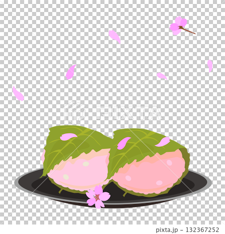 Vector illustration of sakura mochi on a black plate with cherry blossom petals falling 132367252