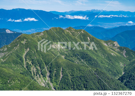 聖岳（前聖岳）の山頂から見る中盛丸山と大沢岳　南アルプス聖岳と兎岳登山 132367270
