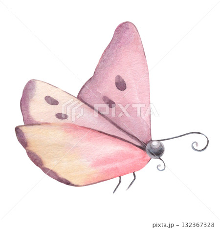 Simple butterfly with closed wings. Hand-painted watercolor illustration isolated on white background. Perfect for nature design, branding, packaging, invitations, cards, wedding, botanical projects 132367328