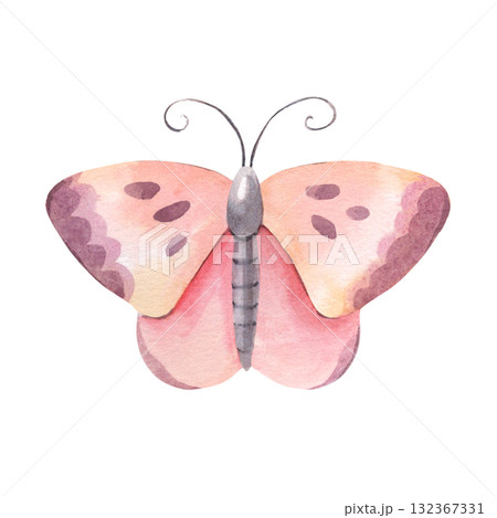 Simple pink butterfly. Hand-painted watercolor illustration of insect isolated on white background. Perfect for nature design, branding, packaging, invitations, cards, wedding, botanical projects Simple pink butterfly. Hand-painted watercolor illustration of insect isolated on white background. Perfect for nature design, branding, packaging, invitations, cards, wedding, botanical projects 132367331