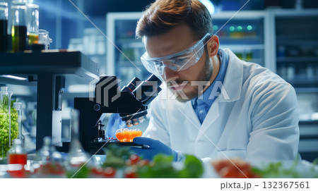 Scientist analyzing a lab food science with microscope.in laboratory. 132367561