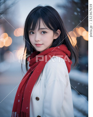 クリスマスイルミネーションの輝く雪の夜に笑顔を見せる若い女性 クリスマスイルミネーションの輝く雪の夜に笑顔を見せる若い女性 132367639