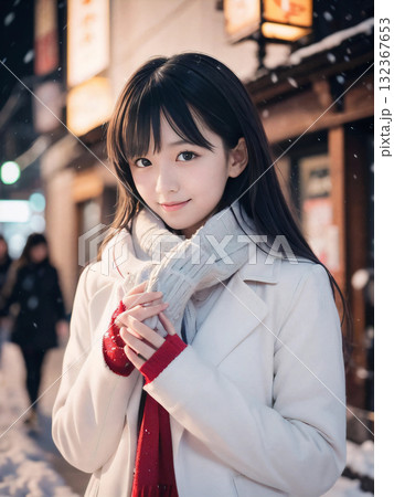 クリスマスイルミネーションの輝く雪の夜に笑顔を見せる若い女性 クリスマスイルミネーションの輝く雪の夜に笑顔を見せる若い女性 132367653