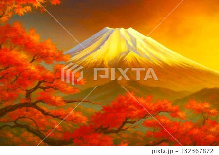 紅葉の長者ヶ岳から望む、晩秋の富士山の風景 132367872