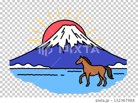 Horses, Mt. Fuji, and the first sunrise 132367988