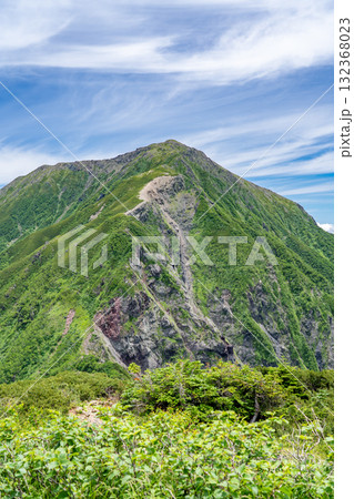 兎岳の登山道から見る前聖岳と聖岳大崩落　南アルプス聖岳と兎岳登山 132368023