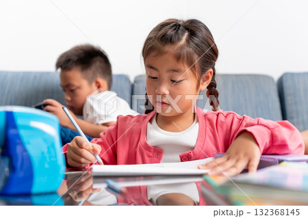 小学生　兄妹　学習　ゲーム 132368145