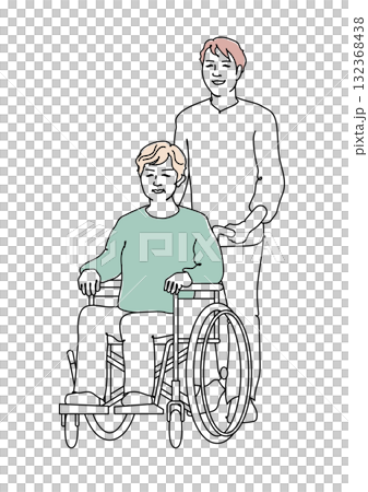 A man pushing a senior woman's wheelchair Line drawing 132368438