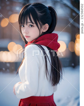 クリスマスイルミネーションの輝く雪の夜に寂しげにたたずむ若い女性 クリスマスイルミネーションの輝く雪の夜に寂しげにたたずむ若い女性 132368502