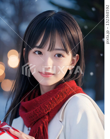 クリスマスイルミネーションの輝く雪の夜に笑顔でプレゼントを持つ若い女性 クリスマスイルミネーションの輝く雪の夜に笑顔でプレゼントを持つ若い女性 132368592