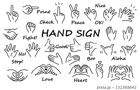 手描き　ハンドサイン　イラストセット　モノクロ 132368642