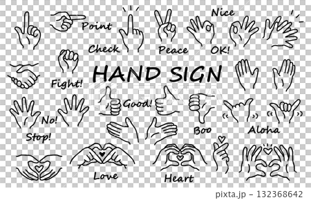 手繪手勢插圖集單色 132368642