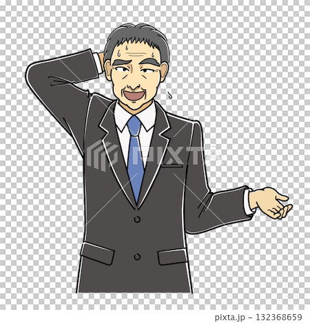 後ろ頭に手をあててしどろもどろ状態のスーツの中年男性・上半身 後ろ頭に手をあててしどろもどろ状態のスーツの中年男性・上半身 132368659