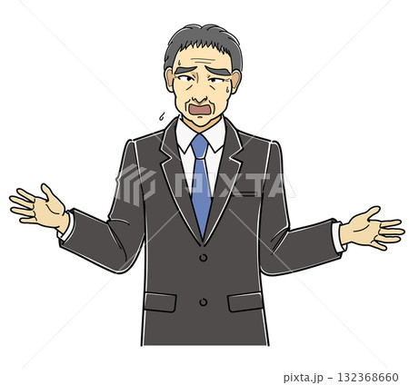 両手を広げながら困った様子で話をするスーツの中年男性・上半身 132368660
