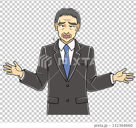 両手を広げながら困った様子で話をするスーツの中年男性・上半身 132368660