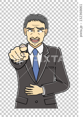 指をさしてあざ笑うスーツの中年男性・上半身 指をさしてあざ笑うスーツの中年男性・上半身 132368661