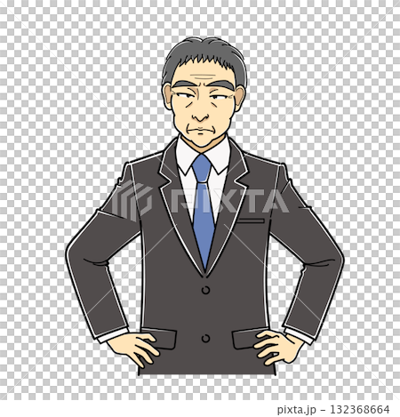 A middle-aged man in a suit with his hands on his hips and a disdainful expression, upper body 132368664