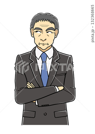 腕を組んで考え事をしているスーツの中年男性・上半身 132368665