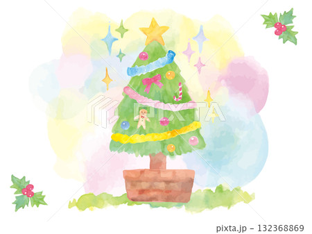 ふんわりした背景の水彩手描きの優しいタッチのかわいいクリスマスツリーのイラスト ふんわりした背景の水彩手描きの優しいタッチのかわいいクリスマスツリーのイラスト 132368869