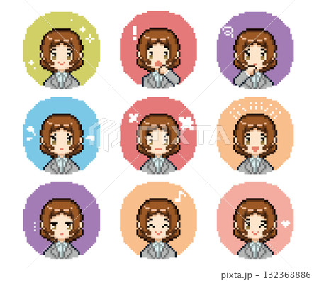 ビジネスウーマンのドット絵表情丸アイコンセット ビジネスウーマンのドット絵表情丸アイコンセット 132368886