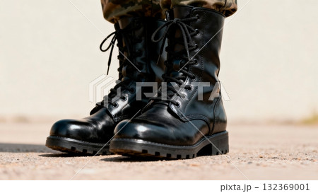 Military Combat Boots Standing at Attention Close-up 132369001