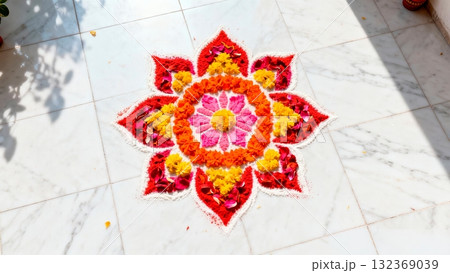 Colorful Rangoli Floor Art Pattern with Flower Petals for Diwali Festival 132369039