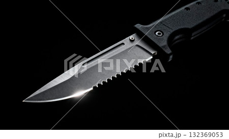 Combat Knife Close-up Blade Detail on Black Background 132369053