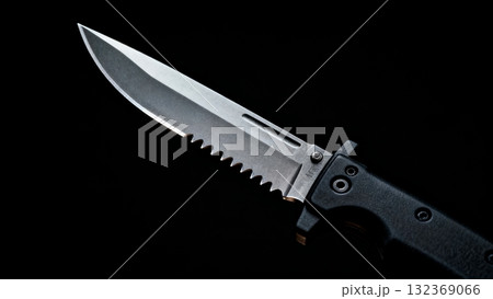Combat Knife Close-up Blade Detail on Black Background Combat Knife Close-up Blade Detail on Black Background 132369066