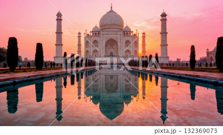 Taj Mahal Monument at Sunrise with Reflection Pool Symmetry 132369073