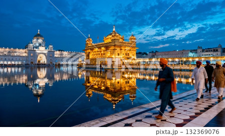 Golden Temple Amritsar Reflected in Sacred Pool at Blue Hour Golden Temple Amritsar Reflected in Sacred Pool at Blue Hour 132369076
