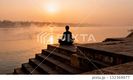Yoga Meditation Pose at Sunrise by Ganges River Yoga Meditation Pose at Sunrise by Ganges River 132369077