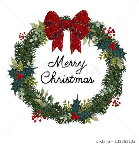 【文字入りクリスマスリース丸枠】手刺繍イラスト素材 132369132