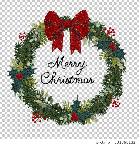 【文字入りクリスマスリース丸枠】手刺繍イラスト素材 132369132