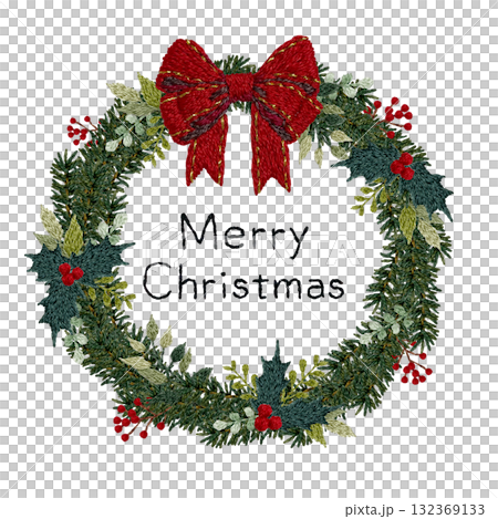 【文字入りクリスマスリース丸枠】手刺繍イラスト素材 132369133