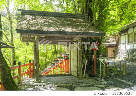 新緑の貴船神社 中門から見える朱色の灯篭と石段 新緑の貴船神社 中門から見える朱色の灯篭と石段 132369526