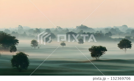 Golf course background early morning mist and soft light Golf course background early morning mist and soft light 132369706