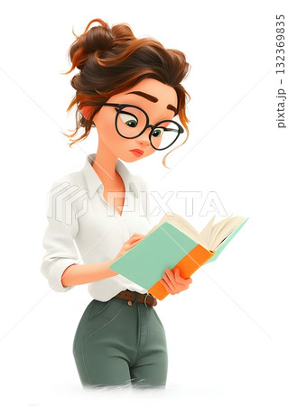 3D cartoon female office worker reading book learning new skills isolated on white background 132369835
