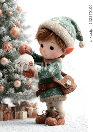 3D cartoon elf boy decorating Christmas tree cheerful face isolated on white background 3D cartoon elf boy decorating Christmas tree cheerful face isolated on white background 132370100