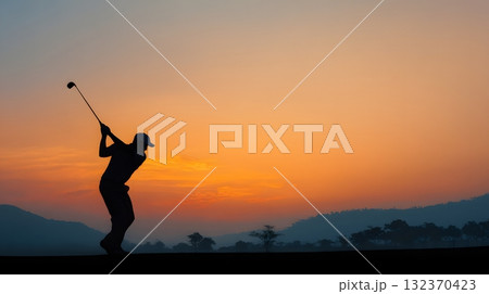 Golf background sunrise silhouette player swinging clear sky 132370423