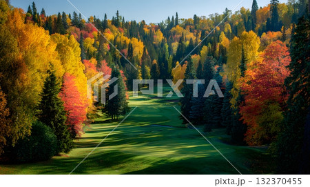 Golf background vibrant autumn course colorful trees scenic 132370455