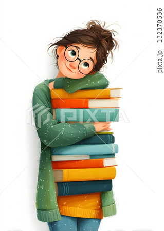 cartoon girl student hugging stack of books,...のイラスト素材 [132370536] - PIXTA