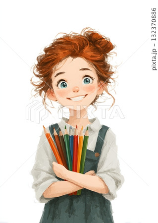 cartoon girl student holding colored pencils, drawing paper, happy expression, white background cartoon girl student holding colored pencils, drawing paper, happy expression, white background 132370886