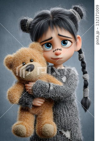 3D cartoon Frankenstein girl holding teddy bear happy face isolated on white background 132371009