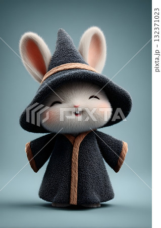 3D cartoon witch rabbit wearing hat cheerful pose isolated on white background 132371023